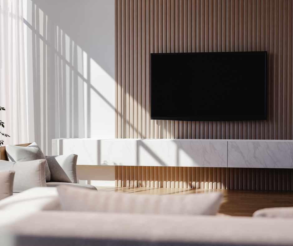 Modern nappali, TV mögött akusztikus falpanel fókuszfallal