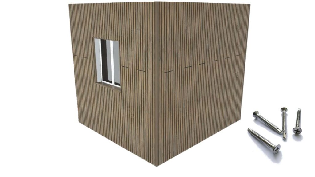 Kültéri WPC falburkolat sarok- és lezárási kialakítása, nyílászáró körüli burkolással és rögzítőcsavarokkal.