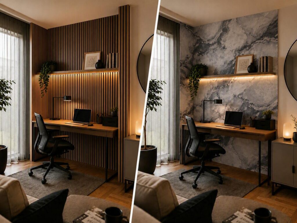 Akusztikus lamellás és márványhatású falpanel összehasonlítása modern home office enteriőrben.
