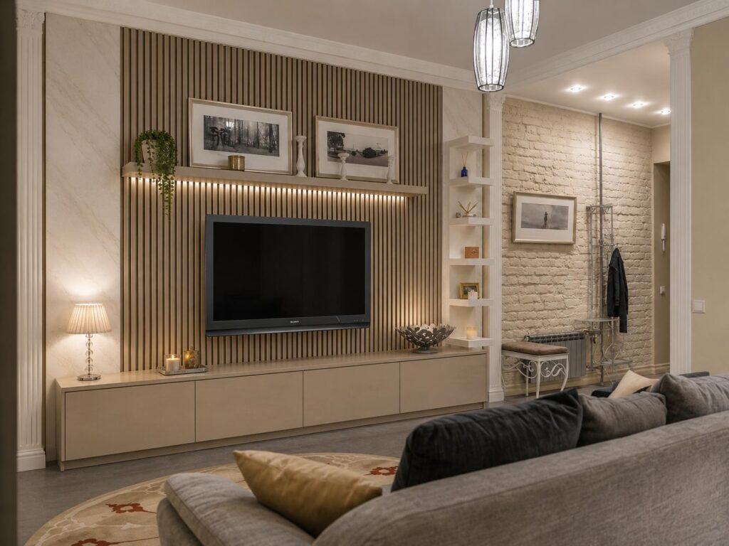 Akusztikus vagy hangszigetelő panel Modern nappali TV-fallal, tölgy színű akusztikus lamellás falpanellel és márványhatású falburkolattal – a visszhangcsökkentés és a hangszigetelés kö